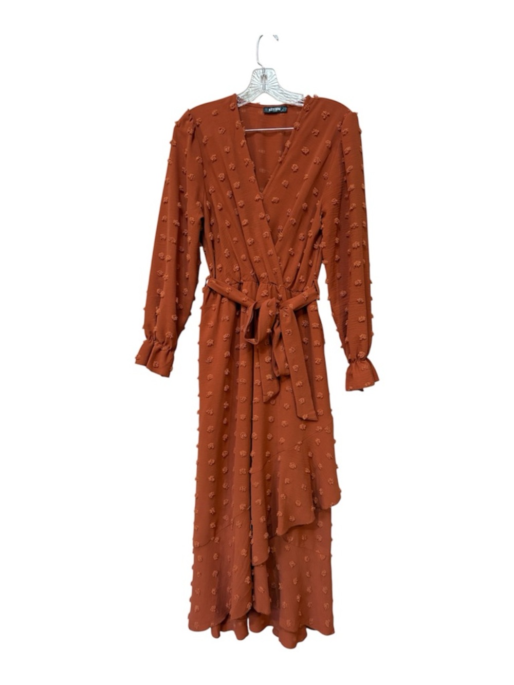 Rust Swiss Dot Maxi Dress Small Long Sleeve Fall Wedding Guest Boho Wrap Sty